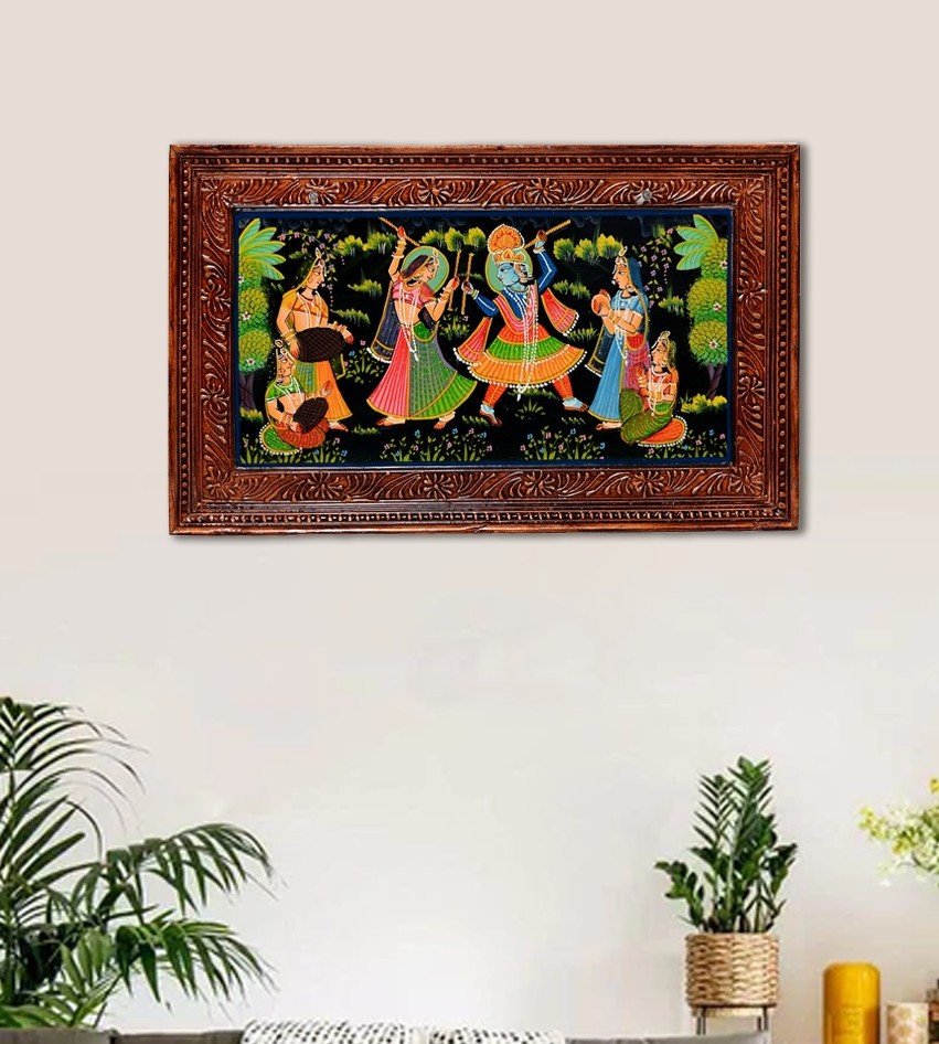 Radha Krishna Idol Painting, Indian Wall Photo Frame, Wooden Painting Frame Wall Decor Traditional Wall Mounted Radha Krishna Painting Frame - Image 3