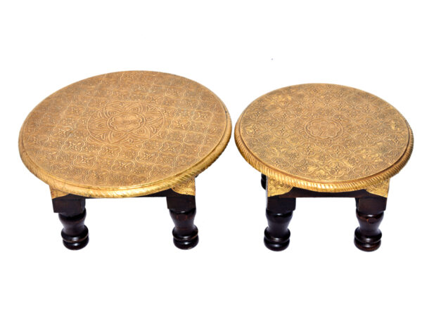 Brass Chowki Set Wooden Round Bajot Traditional Pooja Chowki Set for Pooja God Sitting Stool Indian Brass Chowki Pooja Stool puja Table Diwali Chowki Sitting Chowki Altar table Brass Table God idol stand pooja table Best Diwali Gift