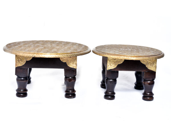 Brass Chowki Set Wooden Round Bajot Traditional Pooja Chowki Set for Pooja God Sitting Stool Indian Brass Chowki Pooja Stool puja Table Diwali Chowki Sitting Chowki Altar table Brass Table God idol stand pooja table Best Diwali Gift