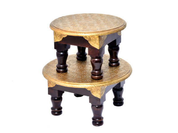 Brass Chowki Set Wooden Round Bajot Traditional Pooja Chowki Set for Pooja God Sitting Stool Indian Brass Chowki Pooja Stool puja Table Diwali Chowki Sitting Chowki Altar table Brass Table God idol stand pooja table Best Diwali Gift