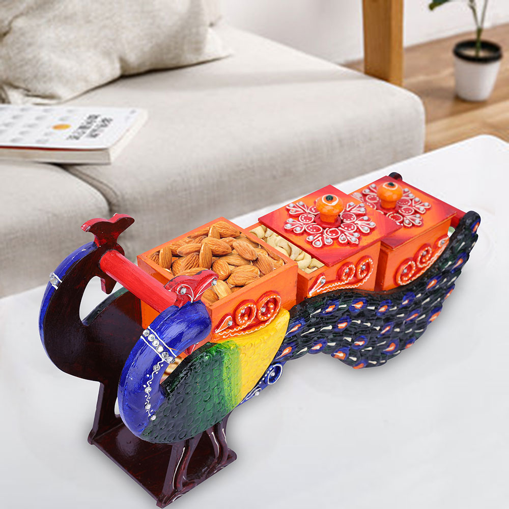 Indian Wooden Dry-Fruit Box Hand painted Rajasthani Style Peacock Dry Fruit Gift Box Chocolate Box Diwali Gift Diwali Decor Wedding Gift