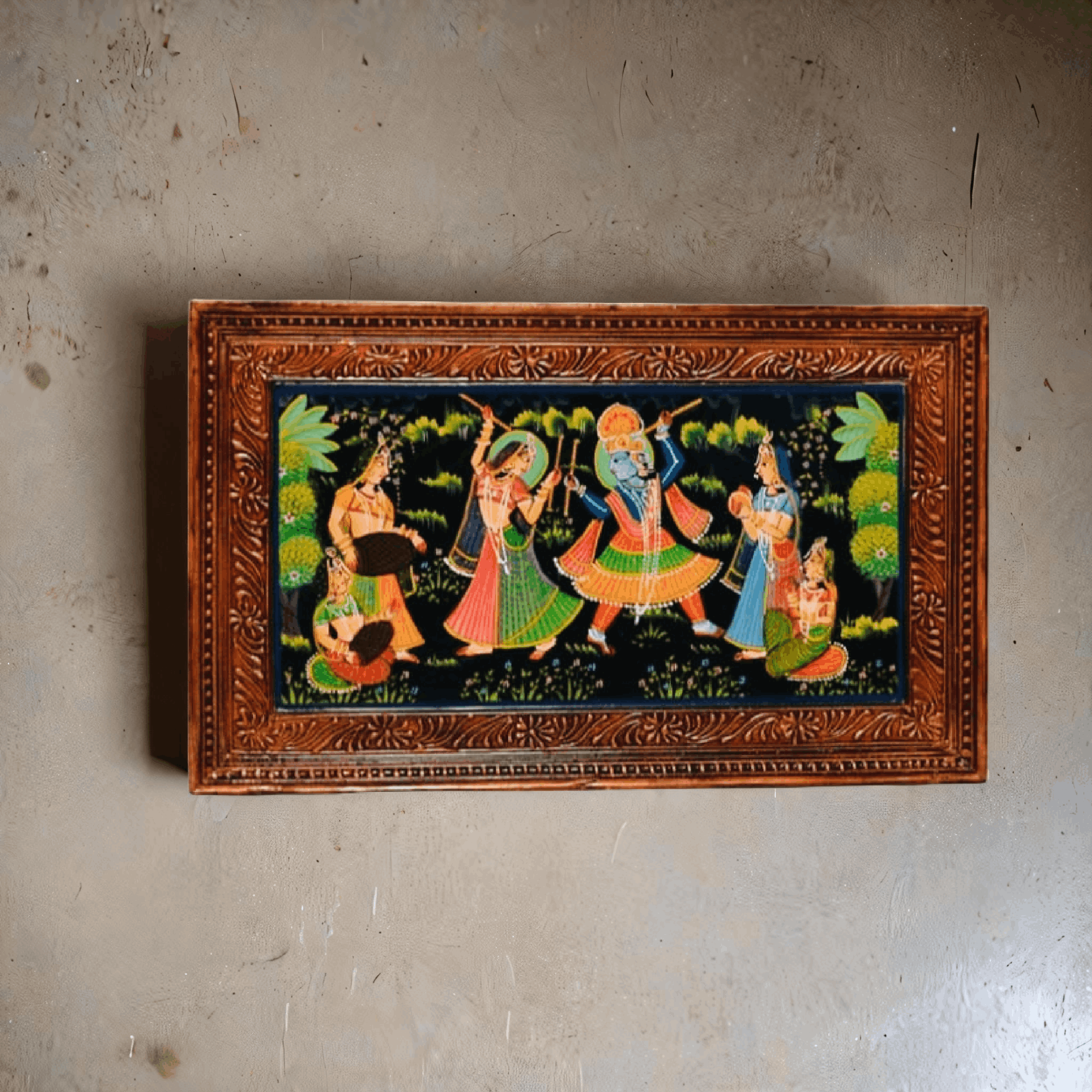 Radha Krishna Idol Painting, Indian Wall Photo Frame, Wooden Painting Frame Wall Decor Traditional Wall Mounted Radha Krishna Painting Frame - Image 2