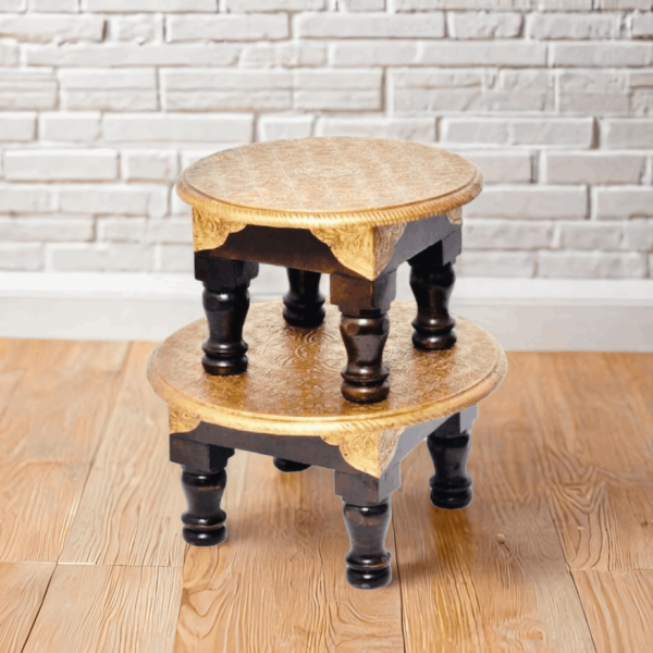Brass Chowki Set Wooden Round Bajot Traditional Pooja Chowki Set for Pooja God Sitting Stool Indian Brass Chowki Pooja Stool puja Table Diwali Chowki Sitting Chowki Altar table Brass Table God idol stand pooja table Best Diwali Gift