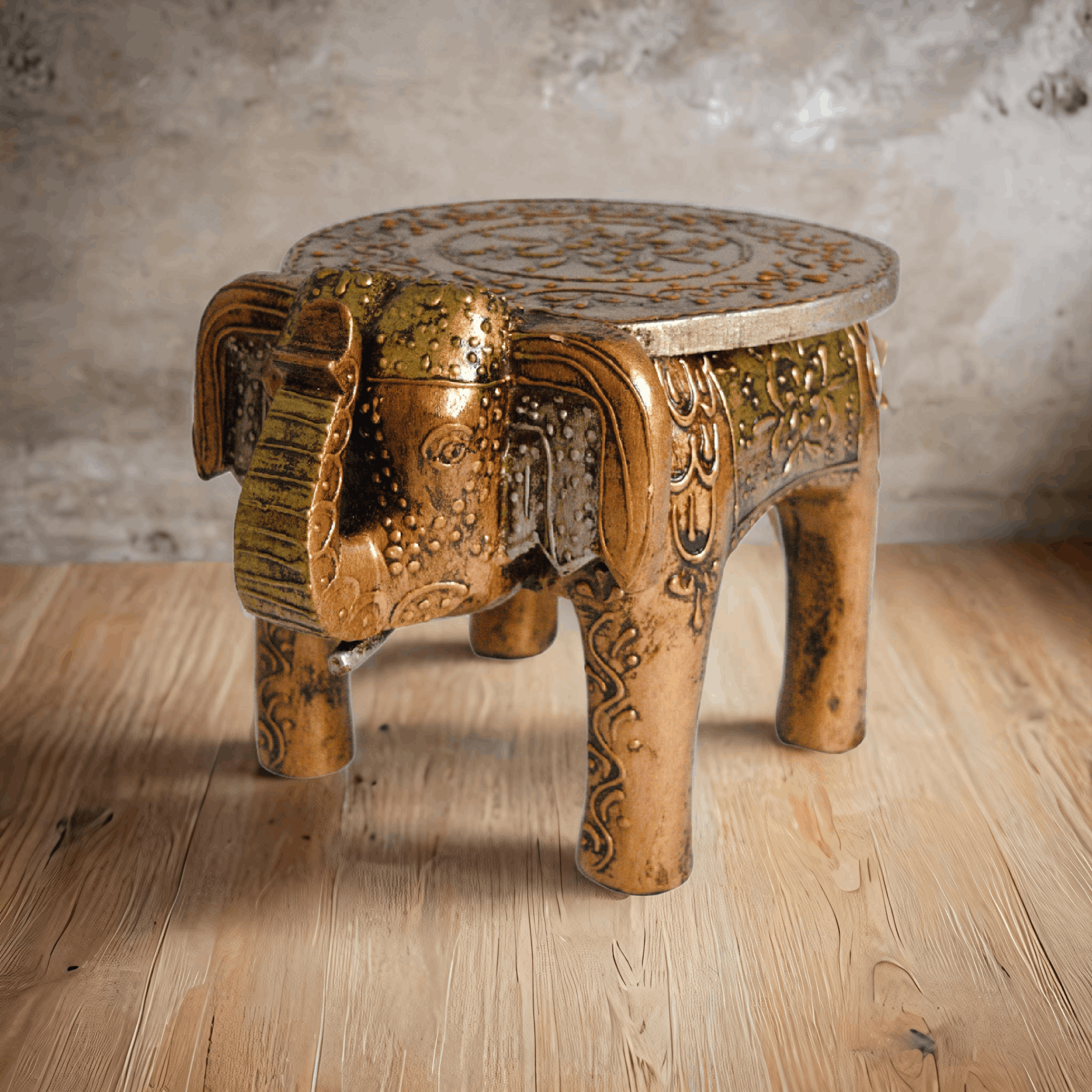 Wooden Elephant Stool Copper Elephant Table step stool Indian Home Decor Small Furniture Collectible Art Elephant Decor Unique gift for her