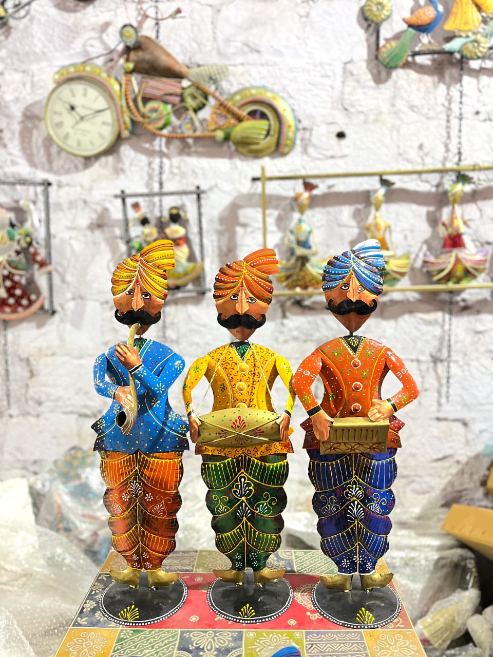 Handmade 24 Inch Rajasthani Musician Men Metal Statue Set of 3, Home Decor, Livingroom Decor