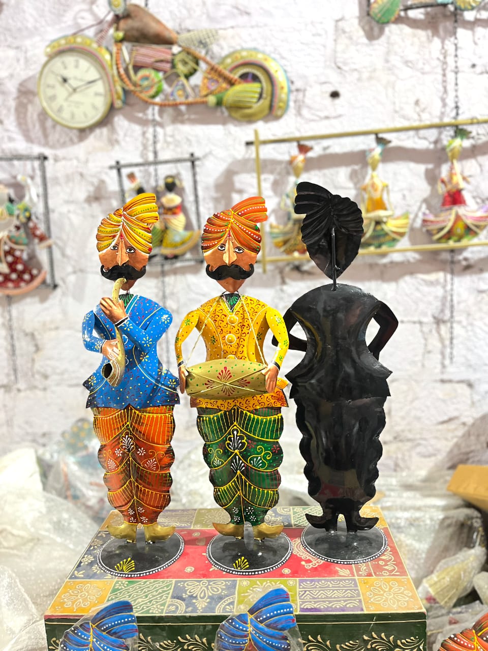 Handmade 24 Inch Rajasthani Musician Men Metal Statue Set of 3, Home Decor, Livingroom Decor - Image 2